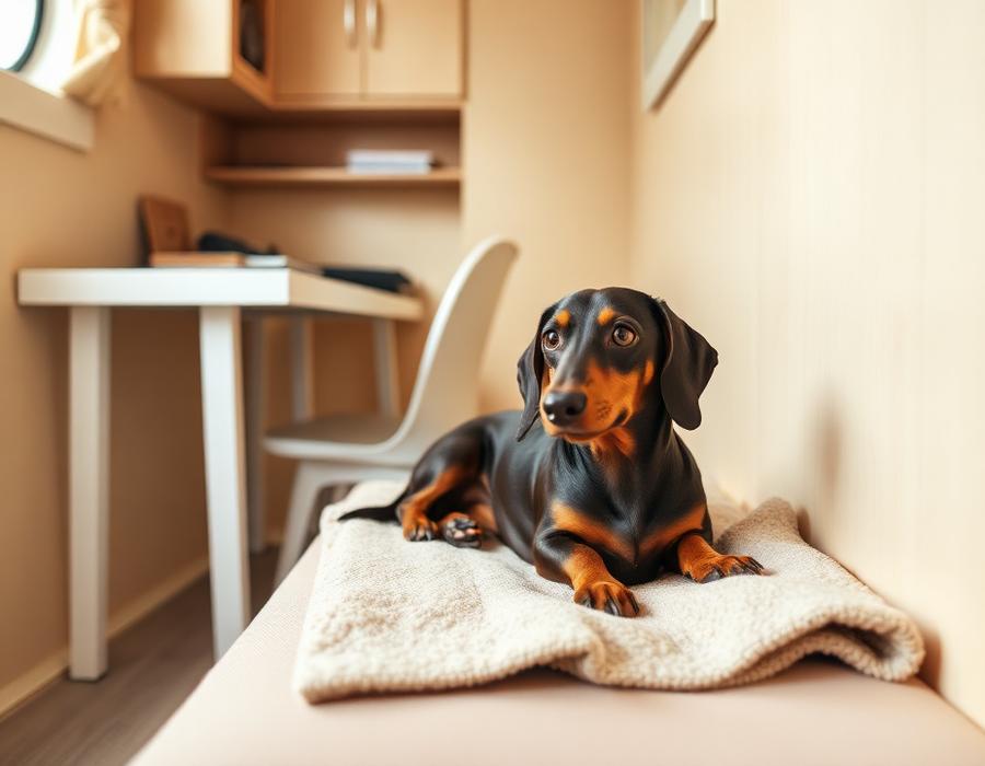 A dachshund on a blanket beside a desk in a compact apartment