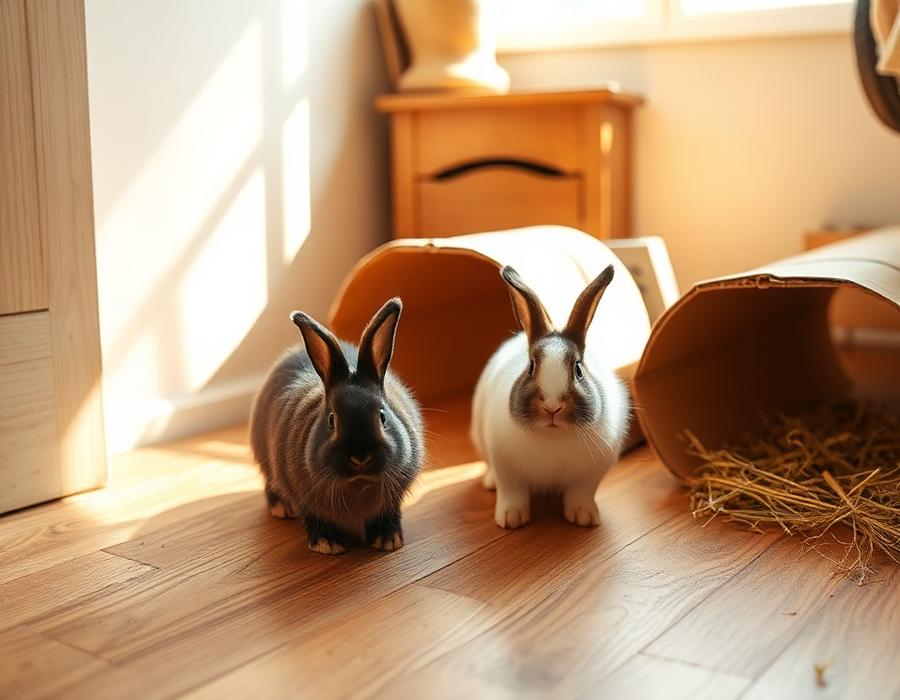 Two rabbits free-roaming in a small rented room with cardboard tunnels