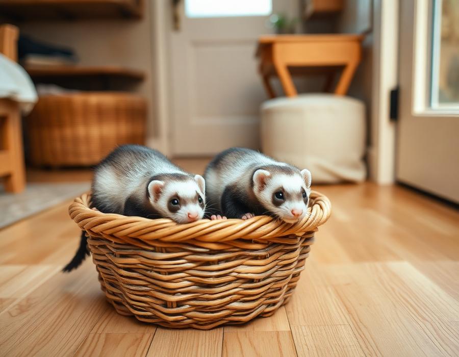 Two ferrets exploring a basket in a tiny home