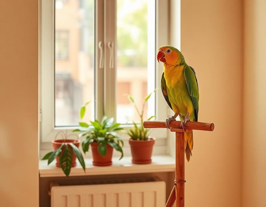 A parrot on a perch beside an apartment window