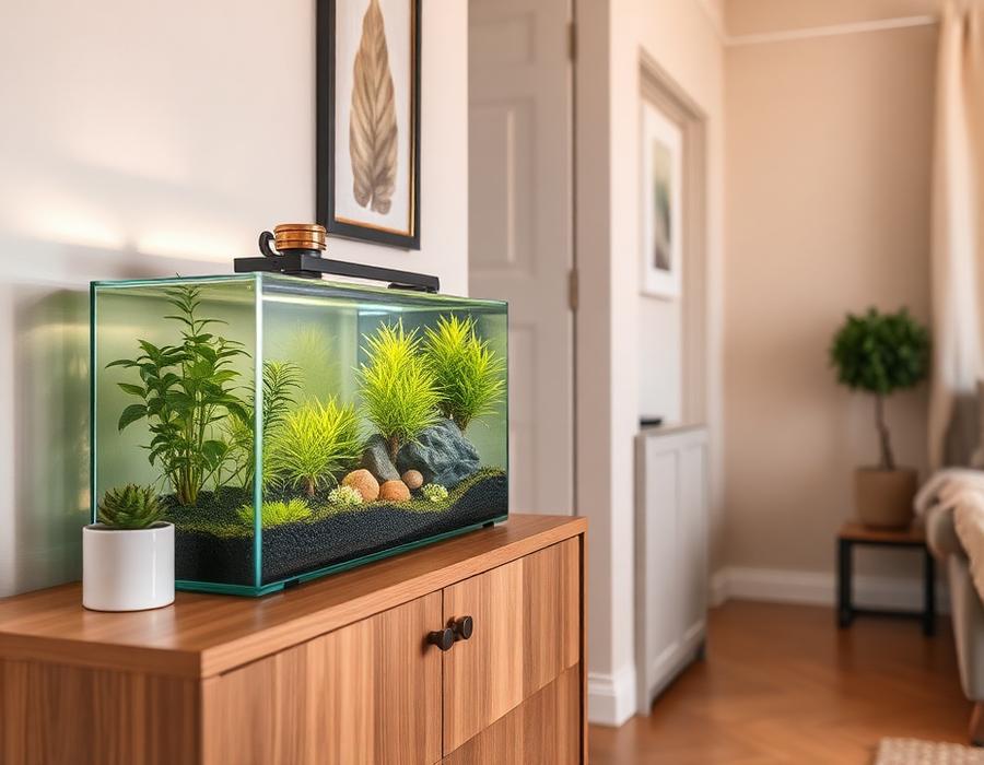 A small planted aquarium on a sideboard in a compact flat