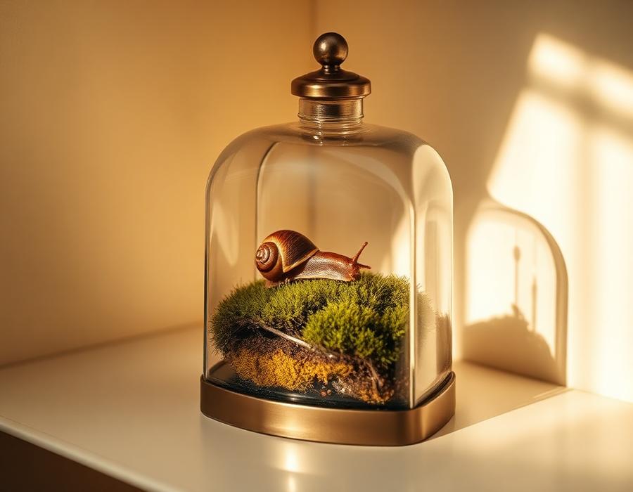 A land snail in a small glass terrarium on a desk