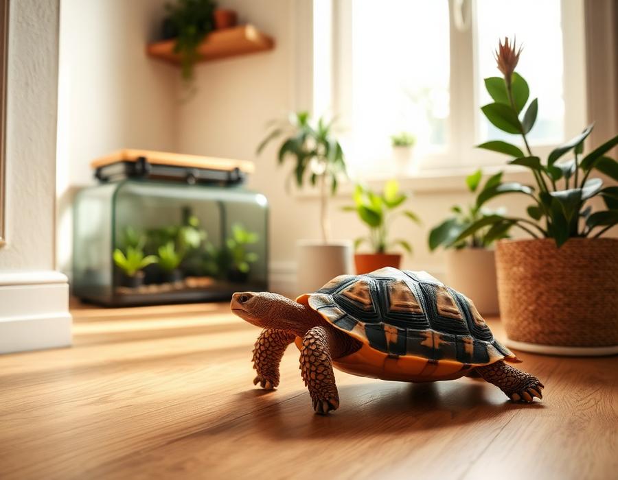 A tortoise walking across the floor of a small apartment